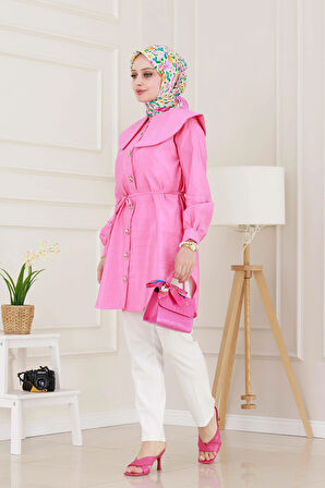 Beli Bağcık Detaylı Geniş Yaka Tunik-Pembe