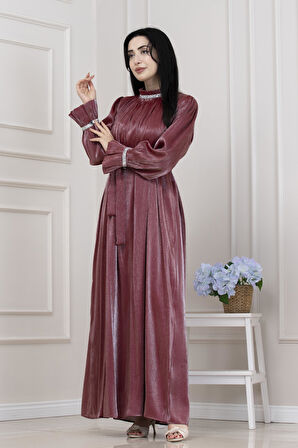 Simli Taşlı Abiye Elbise-Bordo