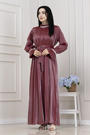 Simli Taşlı Abiye Elbise-Bordo