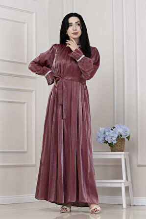 Simli Taşlı Abiye Elbise-Bordo