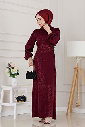 Buse Yanı Bağcıklı Saten Abiye-Bordo