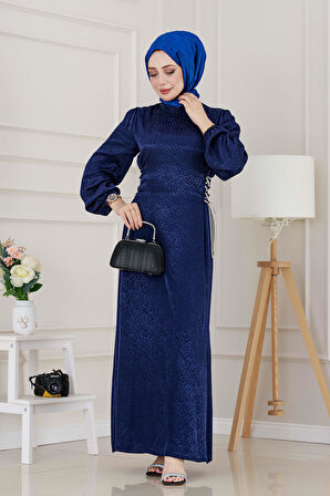 Buse Yanı Bağcıklı Saten Abiye-Lacivert