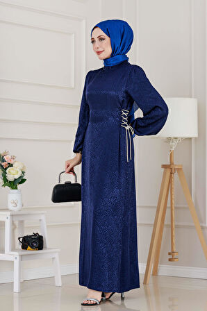 Buse Yanı Bağcıklı Saten Abiye-Lacivert