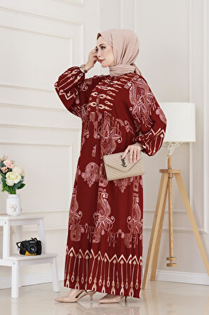Yarım Düğmeli Robalı Meryem Elbise-Bordo