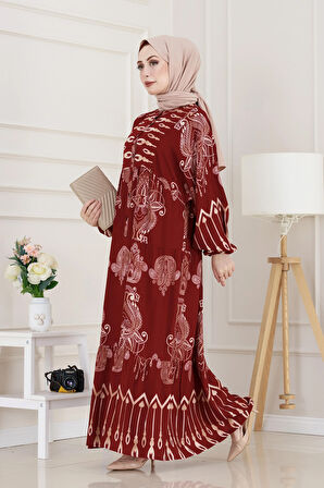 Yarım Düğmeli Robalı Meryem Elbise-Bordo