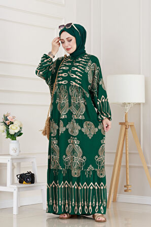 Yarım Düğmeli Robalı Meryem Elbise-Yeşil