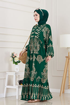 Yarım Düğmeli Robalı Meryem Elbise-Yeşil