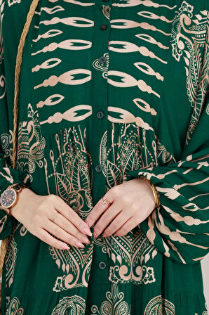 Yarım Düğmeli Robalı Meryem Elbise-Yeşil