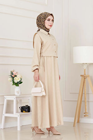 Yanları Bağlamalı Elbiseli Takım-Bej