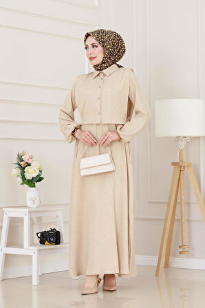 Yanları Bağlamalı Elbiseli Takım-Bej