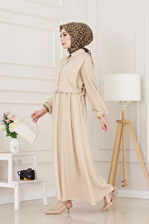 Yanları Bağlamalı Elbiseli Takım-Bej