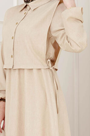 Yanları Bağlamalı Elbiseli Takım-Bej