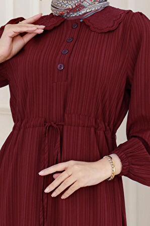 Yakası Güpür Nova Elbise-Bordo