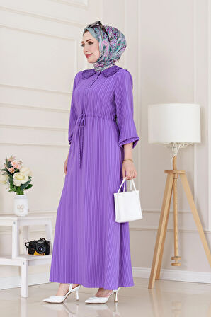 Yakası Güpür Nova Elbise-Lila