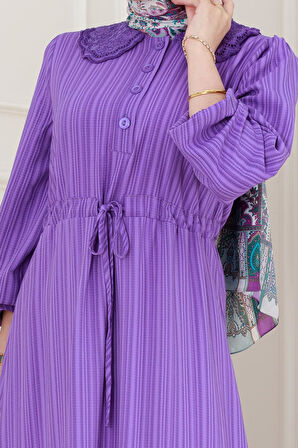 Yakası Güpür Nova Elbise-Lila