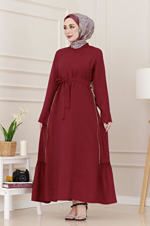 Yanı Fermuar Detaylı Tesettür Elbise-Bordo