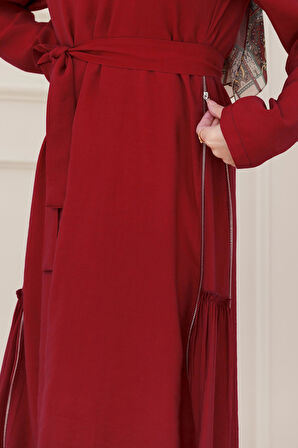 Yanı Fermuar Detaylı Tesettür Elbise-Bordo