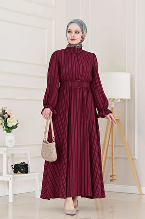 Kolu Volanlı Kemerli Henna Elbise-Bordo