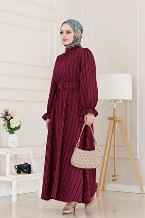 Kolu Volanlı Kemerli Henna Elbise-Bordo