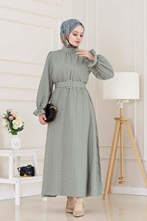 Kolu Volanlı Kemerli Henna Elbise-Mint Yeşili