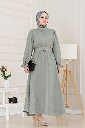 Kolu Volanlı Kemerli Henna Elbise-Mint Yeşili