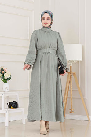 Kolu Volanlı Kemerli Henna Elbise-Mint Yeşili