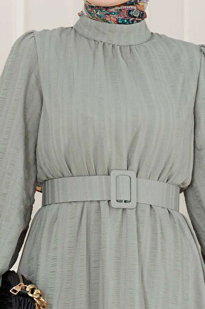 Kolu Volanlı Kemerli Henna Elbise-Mint Yeşili