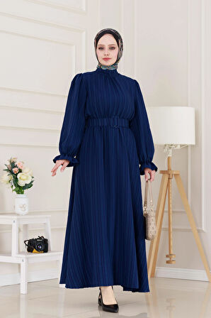 Kolu Volanlı Kemerli Henna Elbise-Lacivert