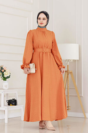 Kolu Volanlı Kemerli Henna Elbise-Turuncu