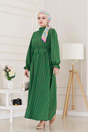 Kolu Volanlı Kemerli Henna Elbise-Yeşil