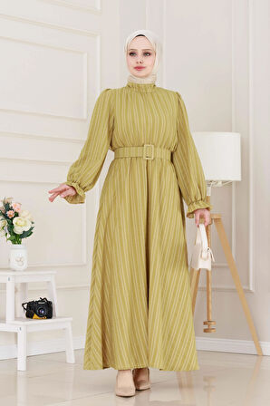 Kolu Volanlı Kemerli Henna Elbise-Hardal