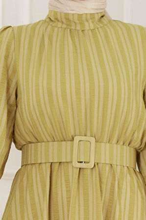 Kolu Volanlı Kemerli Henna Elbise-Hardal