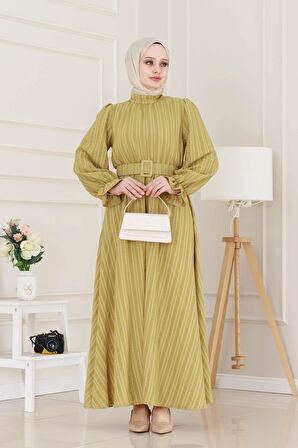 Kolu Volanlı Kemerli Henna Elbise-Hardal