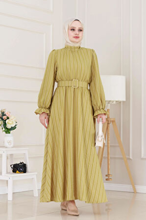 Kolu Volanlı Kemerli Henna Elbise-Hardal