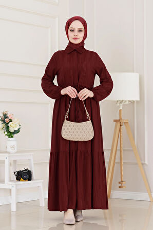 Gömlek Yaka Beli Tünelli Sare Elbise-Bordo