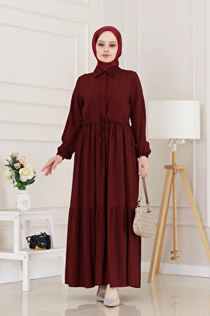 Gömlek Yaka Beli Tünelli Sare Elbise-Bordo