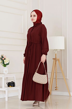 Gömlek Yaka Beli Tünelli Sare Elbise-Bordo
