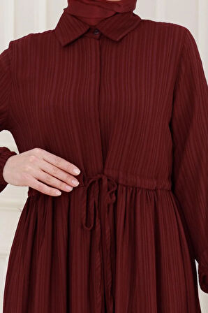 Gömlek Yaka Beli Tünelli Sare Elbise-Bordo
