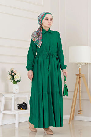 Gömlek Yaka Beli Tünelli Sare Elbise-Zümrüt Yeşili