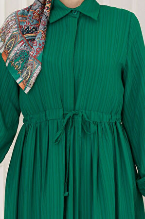 Gömlek Yaka Beli Tünelli Sare Elbise-Zümrüt Yeşili