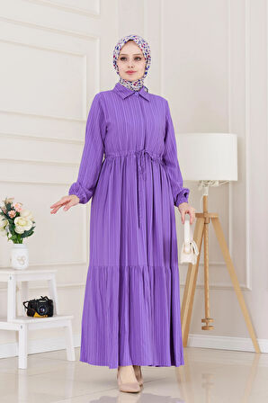 Gömlek Yaka Beli Tünelli Sare Elbise-Mor