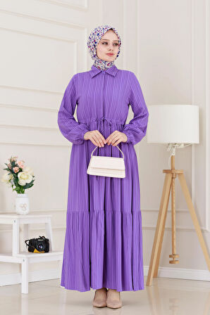 Gömlek Yaka Beli Tünelli Sare Elbise-Mor