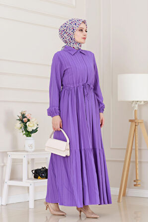 Gömlek Yaka Beli Tünelli Sare Elbise-Mor