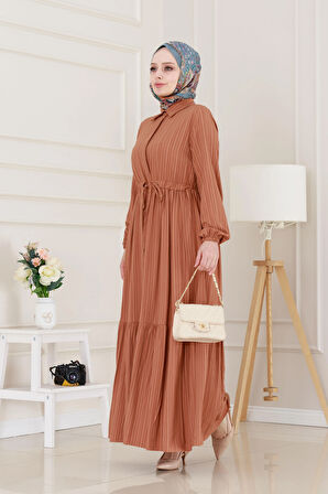 Gömlek Yaka Beli Tünelli Sare Elbise-Kiremit