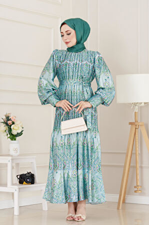 Piliseli Eteği Volanlı Saten Mona Elbise-Mint Yeşili