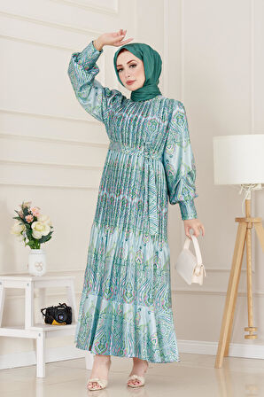 Piliseli Eteği Volanlı Saten Mona Elbise-Mint Yeşili