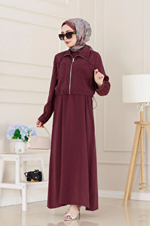 Cep Detaylı Cepkenli Ela Elbise-Bordo