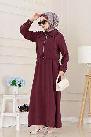 Cep Detaylı Cepkenli Ela Elbise-Bordo