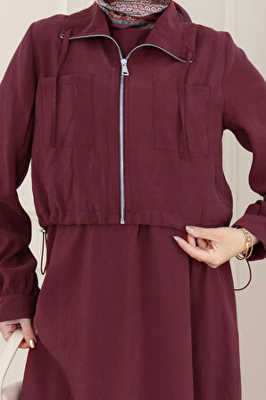 Cep Detaylı Cepkenli Ela Elbise-Bordo