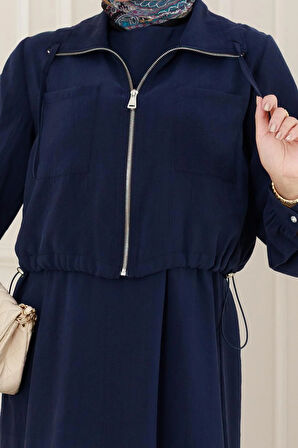 Cep Detaylı Cepkenli Ela Elbise-Lacivert